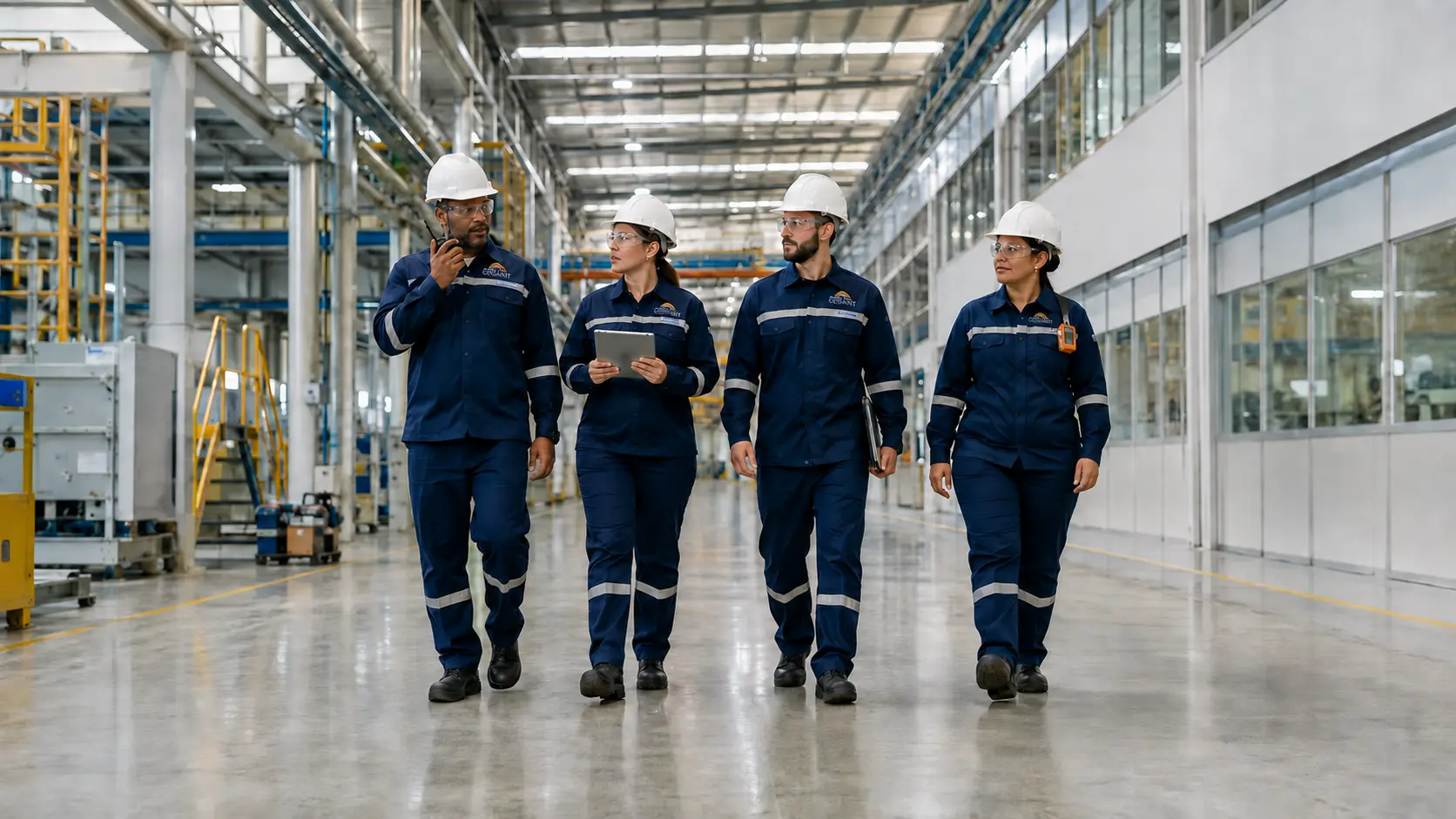 Equipe completa de facilities em indústria moderna